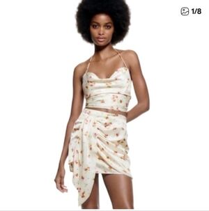 Zara Cream Floral Halter Crop Top and Skirt Set